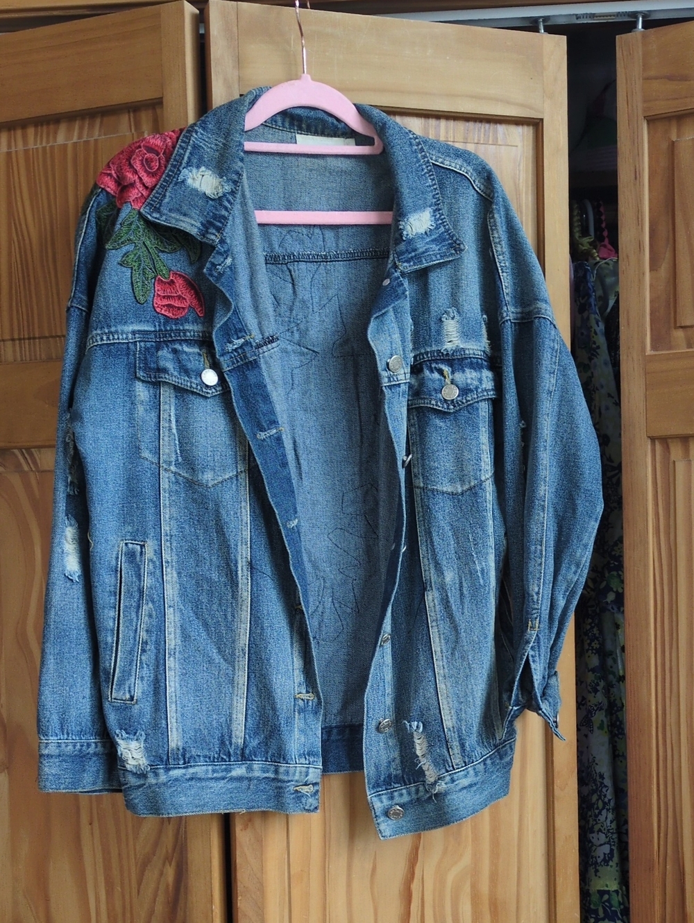 Embroidered Blue Denim Jacket with Rose Accent